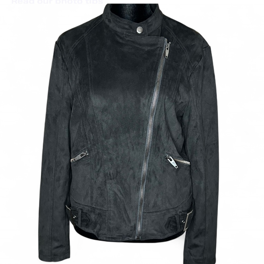 VERO MODA DENIM Black Suede Biker Jacket L Pockets W Zippers, Side Buckle Detail